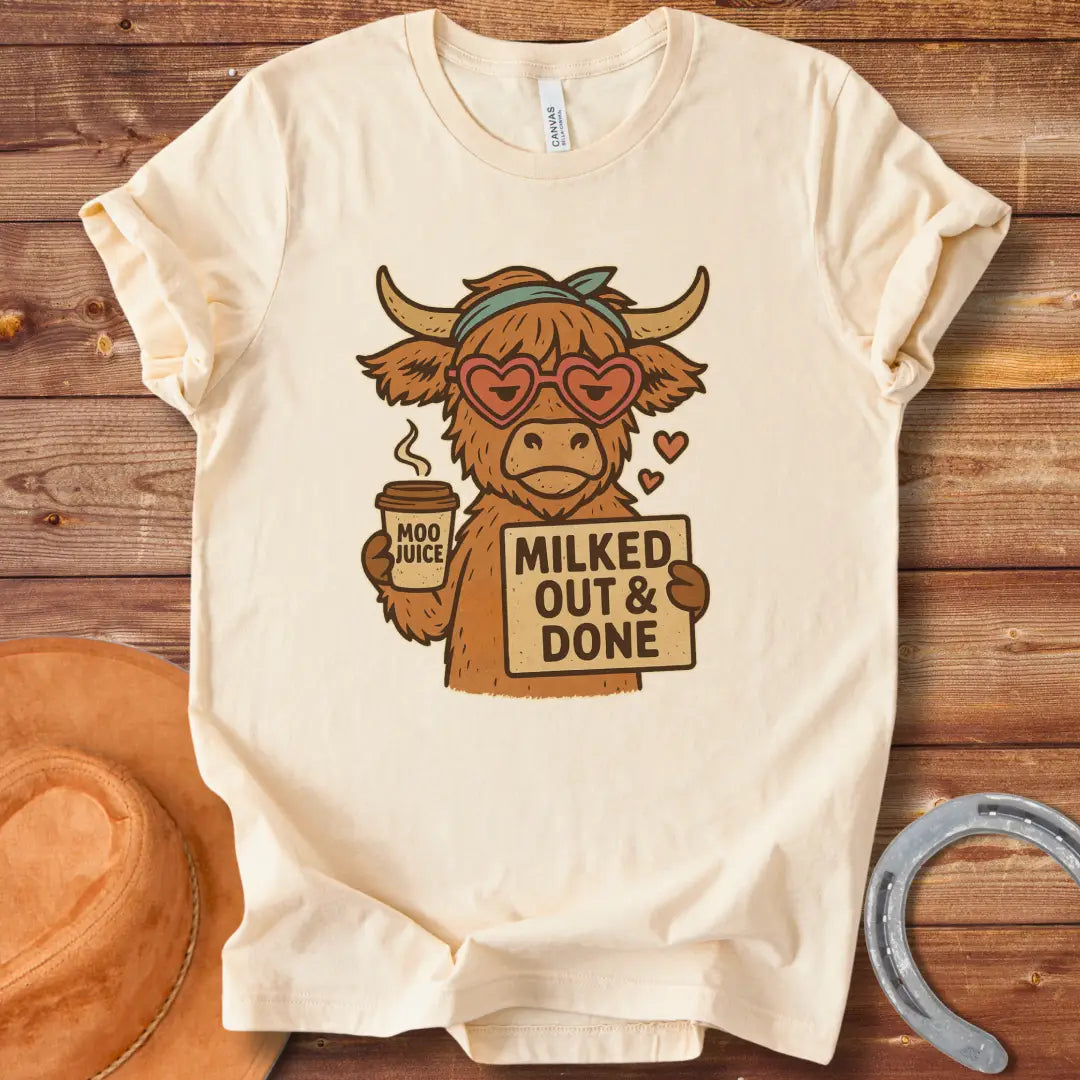 Illustration of a cool cow wearing heart-shaped sunglasses, holding 'Moo Juice' and a sign that says 'Milked Out & Done.'