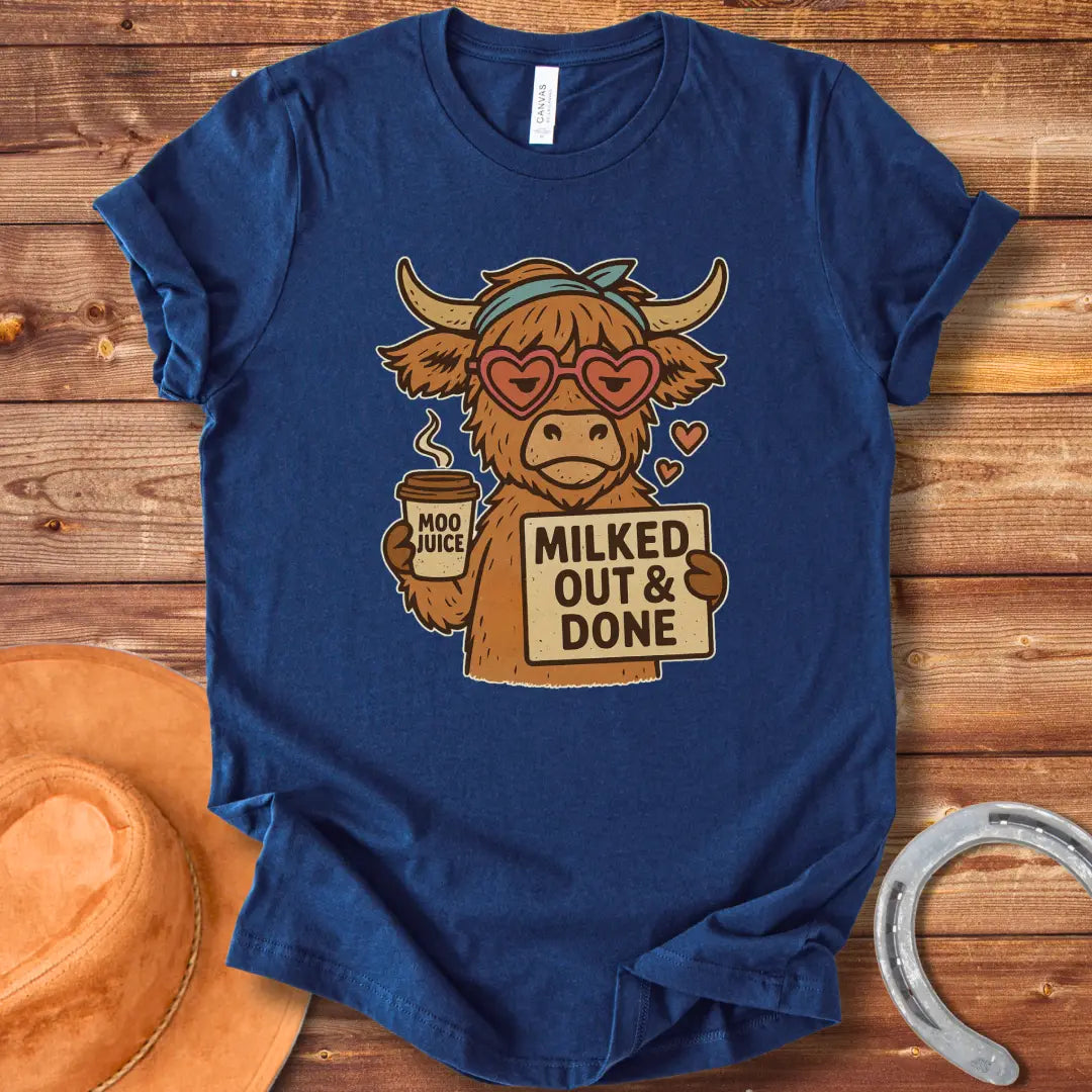 Illustration of a cool cow wearing heart-shaped sunglasses, holding 'Moo Juice' and a sign that says 'Milked Out & Done.'