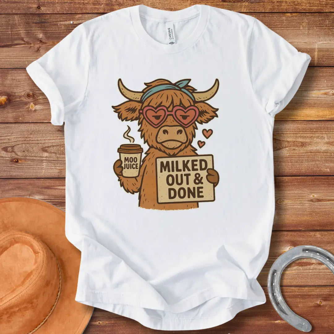 Illustration of a cool cow wearing heart-shaped sunglasses, holding 'Moo Juice' and a sign that says 'Milked Out & Done.'