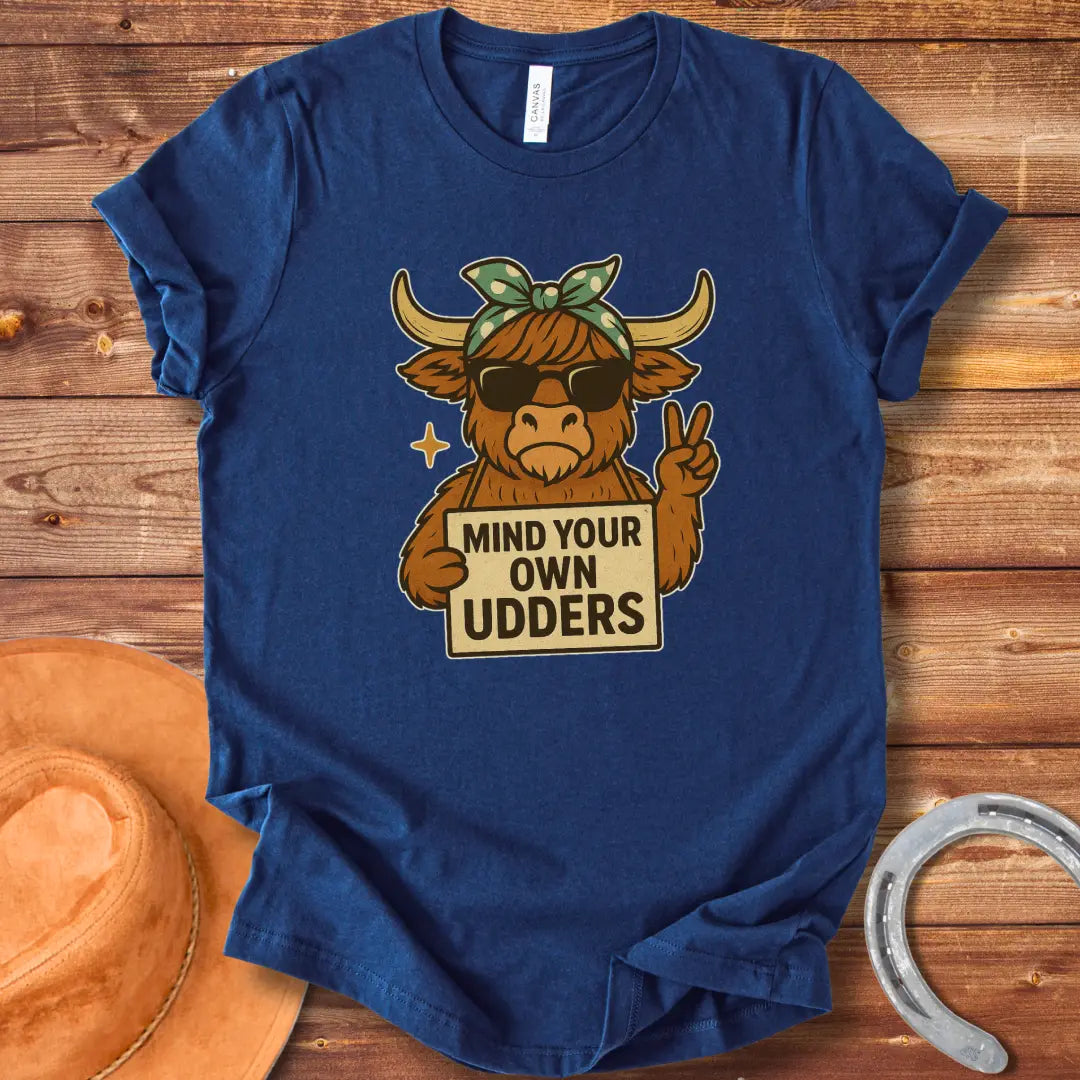 Illustration of a cool cow wearing sunglasses and a bandana, holding a sign that says 'Mind Your Own Udders' and giving a peace sign.