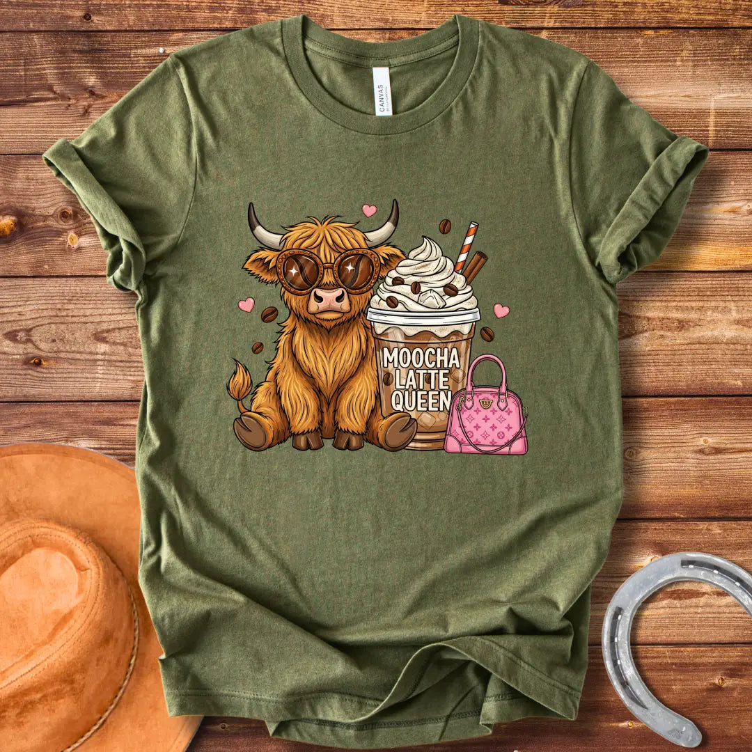 A cartoon image of a cute Highland cow wearing sunglasses, sitting next to a mocha latte and a pink purse that says 'Moocha Latte Queen' on it.
