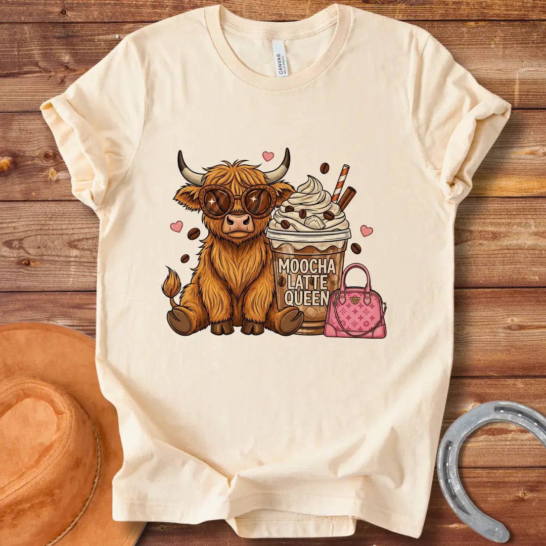 A cartoon image of a cute Highland cow wearing sunglasses, sitting next to a mocha latte and a pink purse that says 'Moocha Latte Queen' on it.