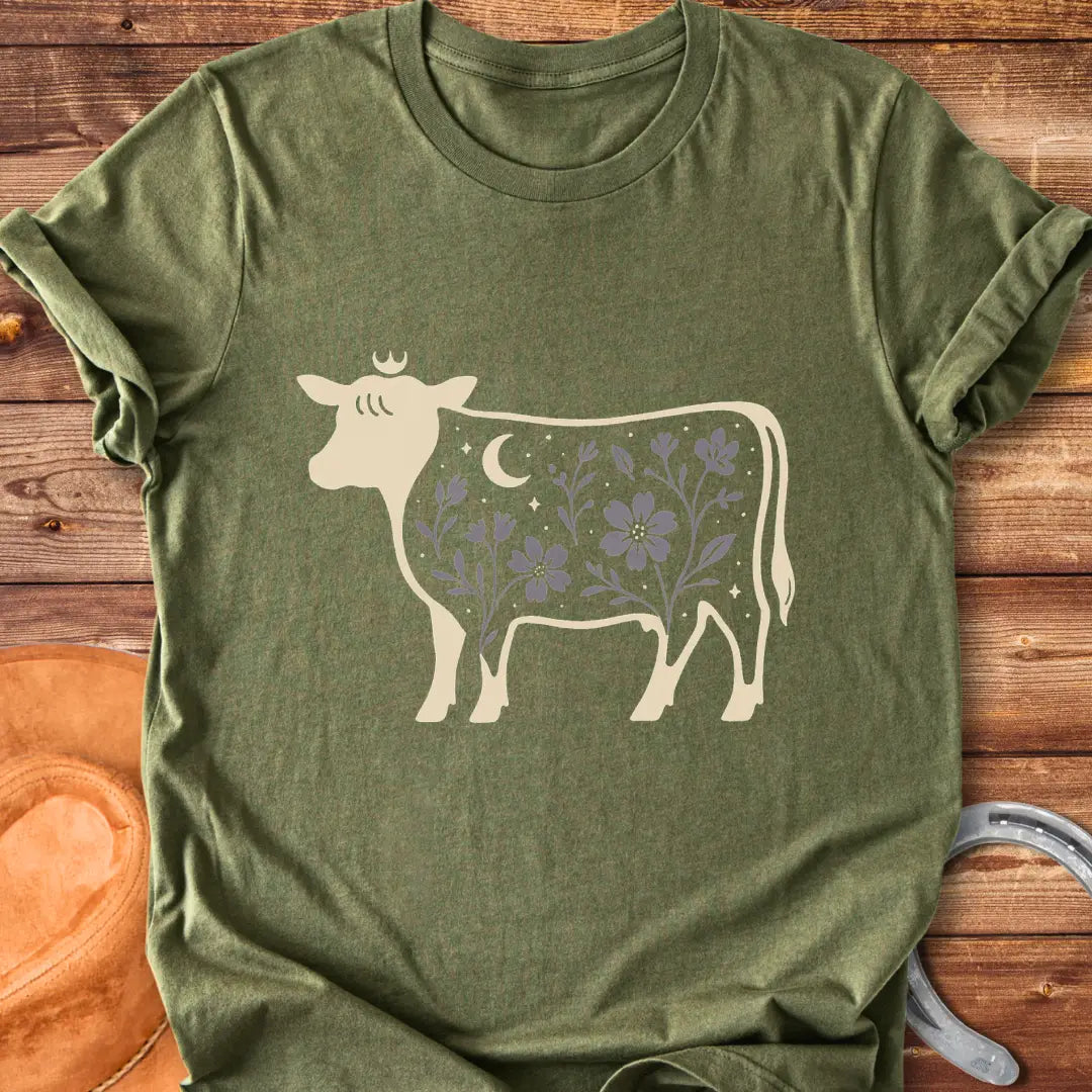 Silhouette of a Highland cow with a crown, moon, stars, and floral design, a dark aesthetic.