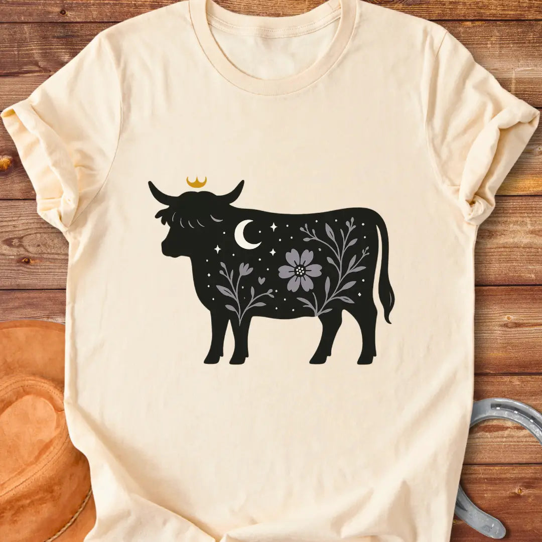 Silhouette of a Highland cow with a crown, moon, stars, and floral design, a dark aesthetic.