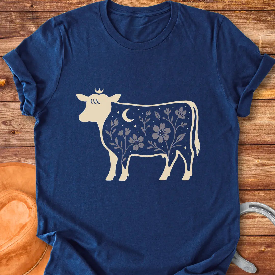 Silhouette of a Highland cow with a crown, moon, stars, and floral design, a dark aesthetic.