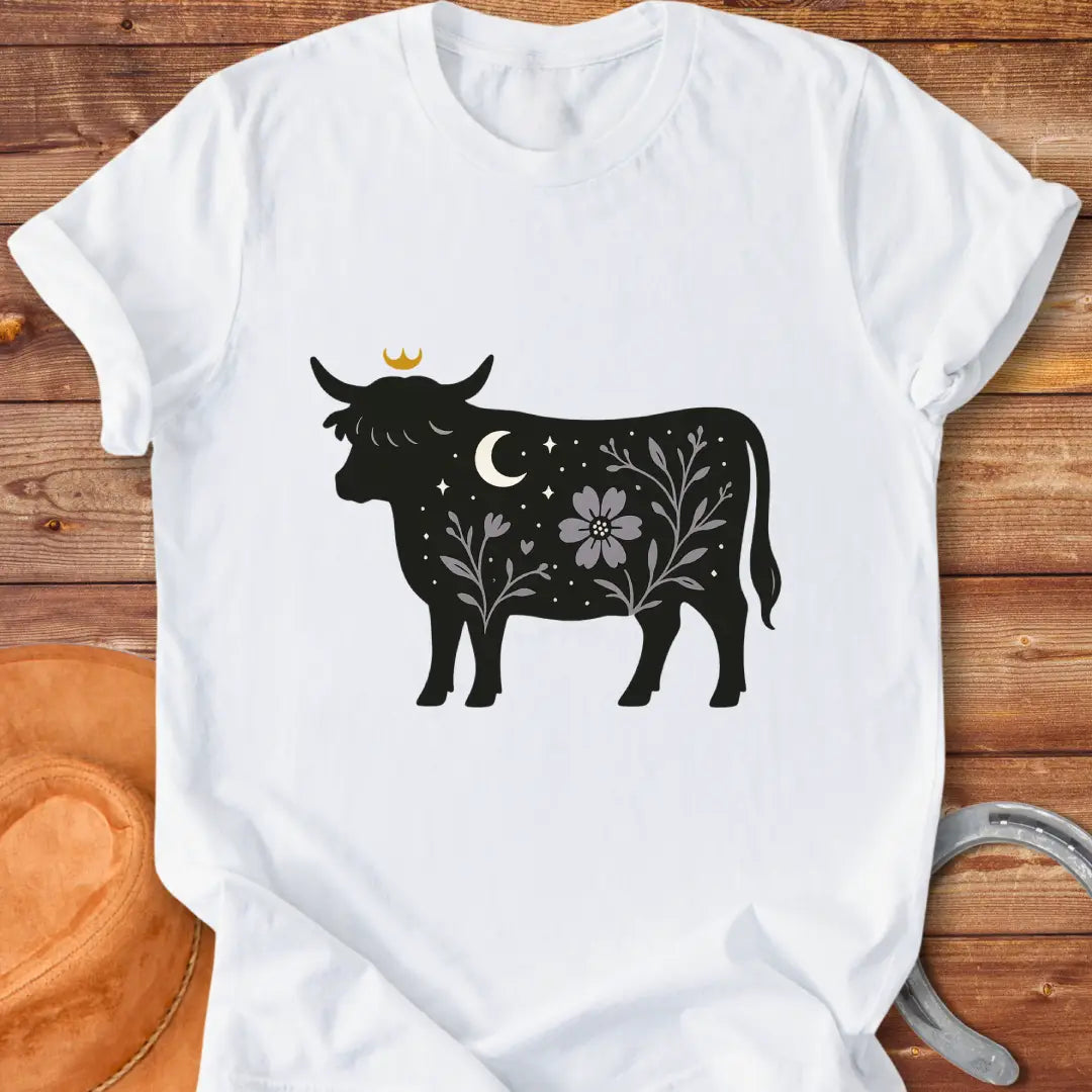 Silhouette of a Highland cow with a crown, moon, stars, and floral design, a dark aesthetic.