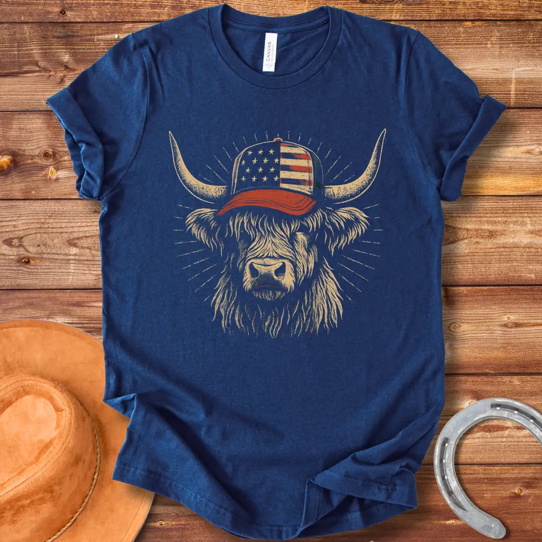 Illustration of a Highland cow wearing an American flag baseball cap, with sun rays emanating from behind the cow's head.