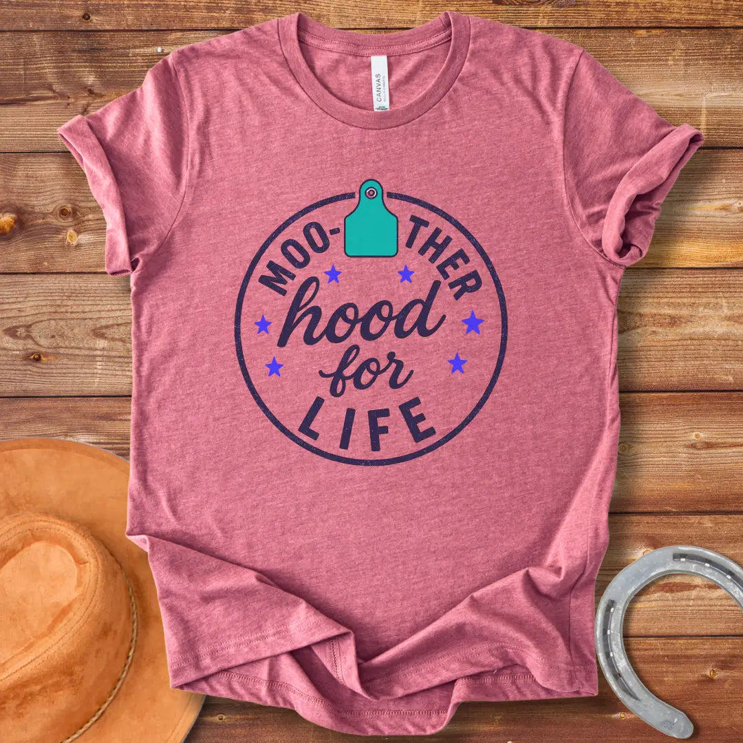 Mother cow with calf design and the text “Moo-therhood For Life”