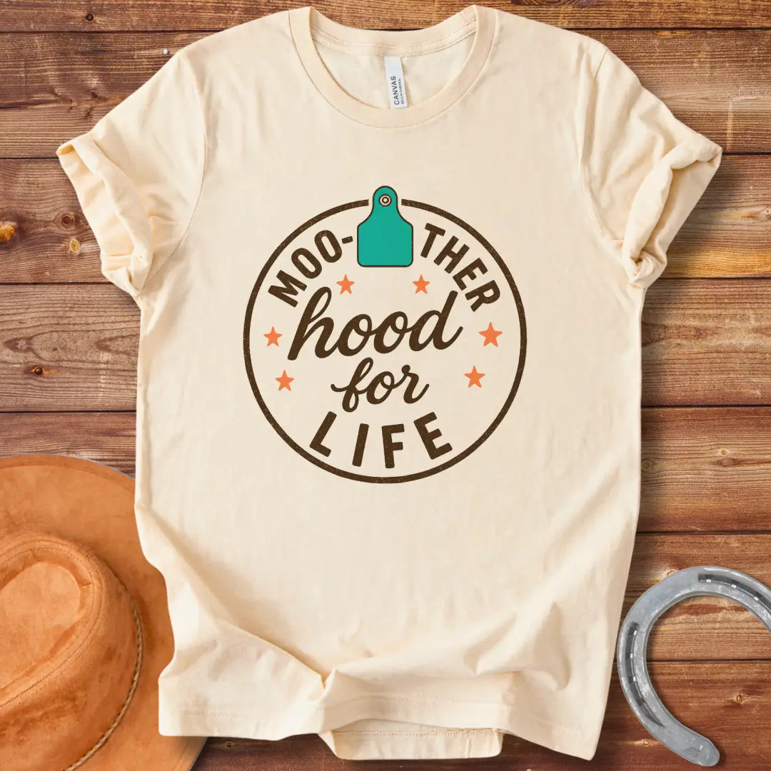 Mother cow with calf design and the text “Moo-therhood For Life”