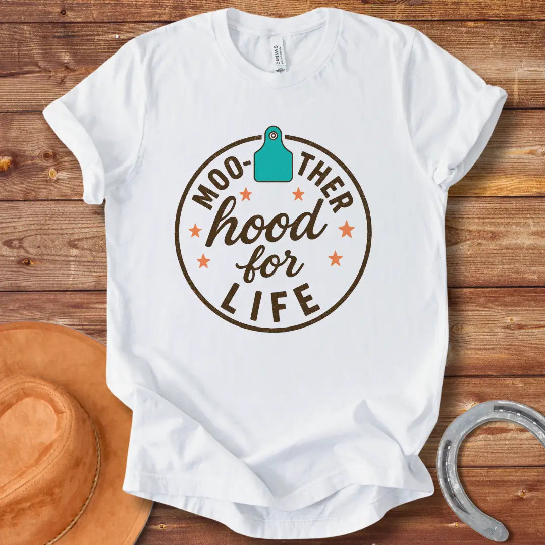 Mother cow with calf design and the text “Moo-therhood For Life”