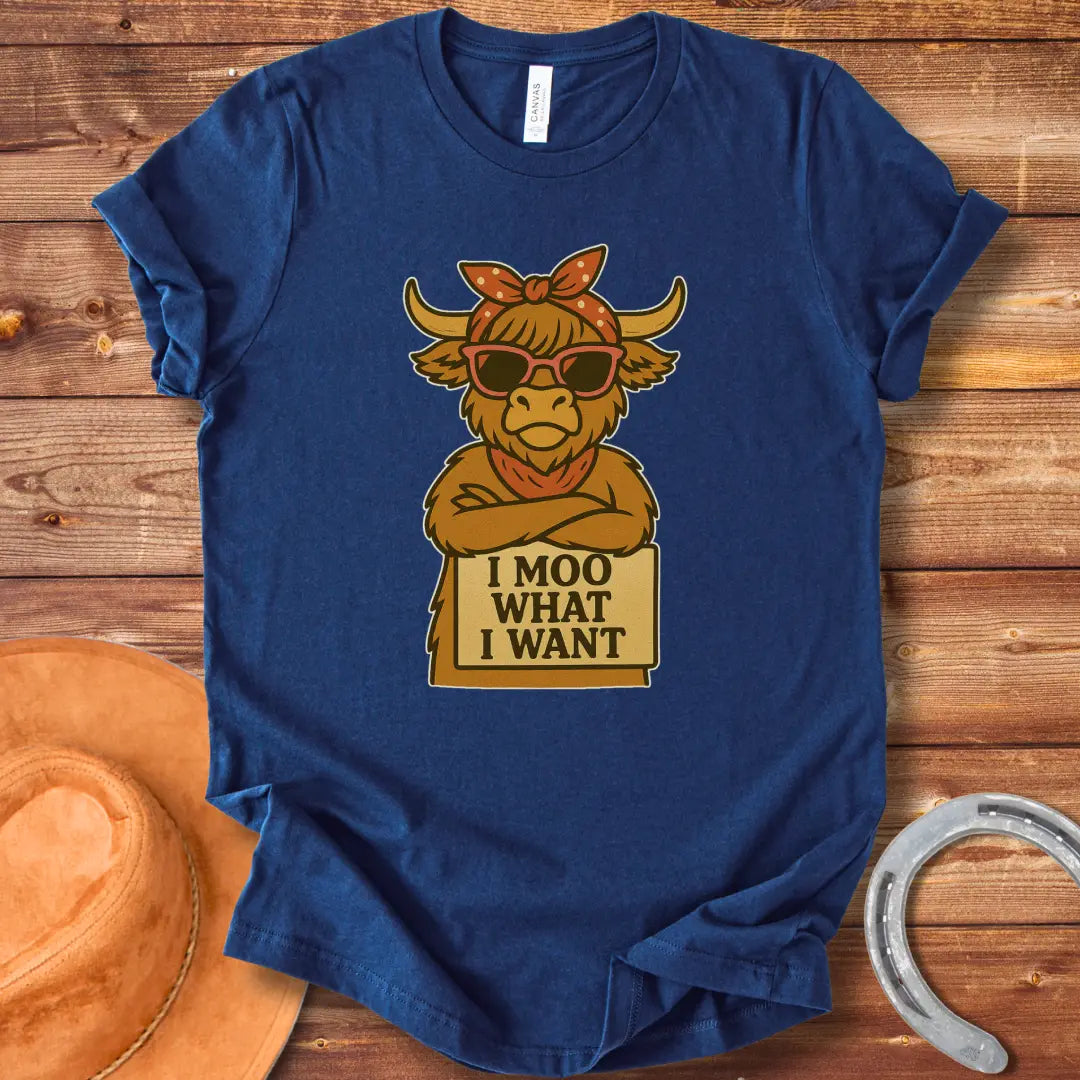 Cool cow with sunglasses and a bandana holding a sign that says 'I Moo What I Want'