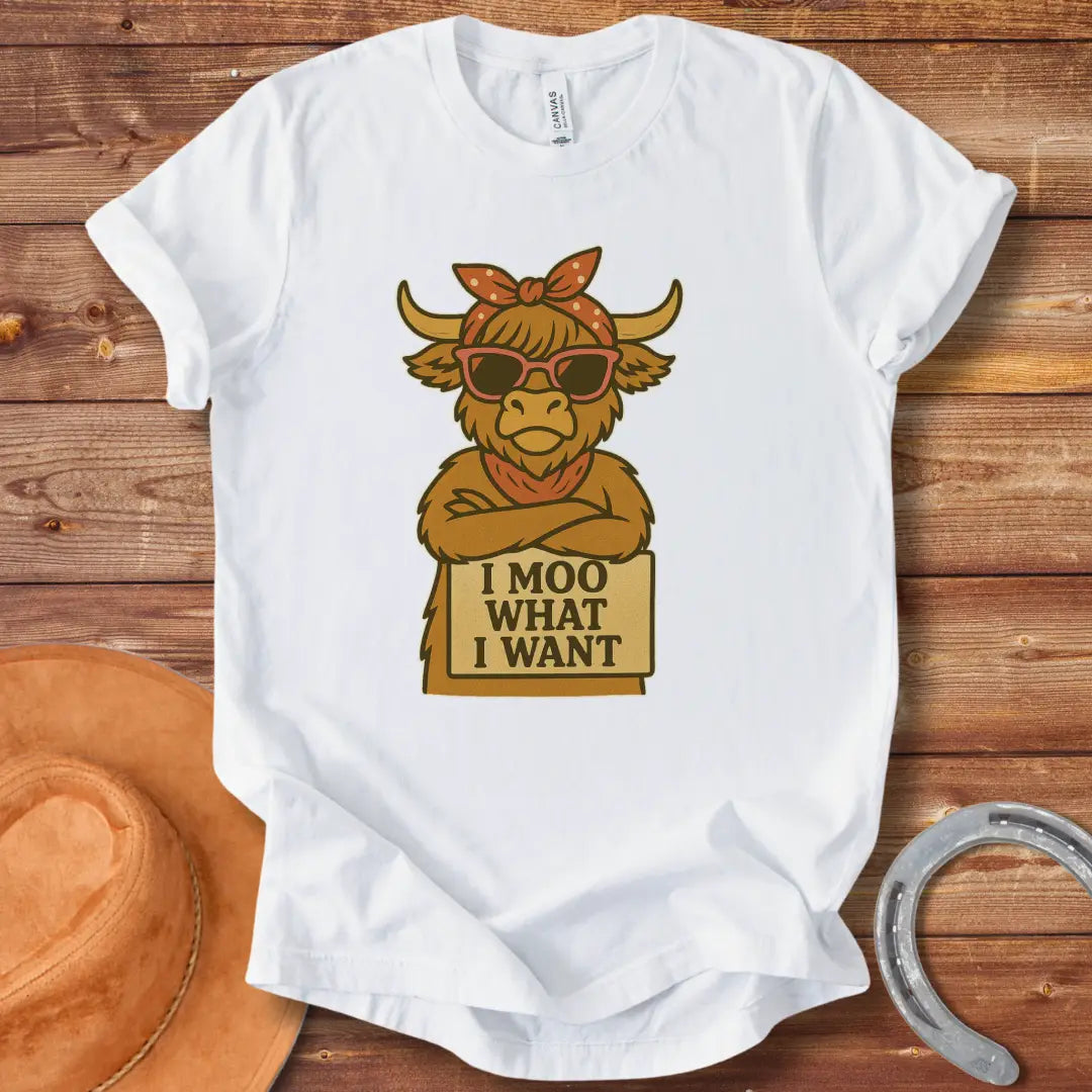 Cool cow with sunglasses and a bandana holding a sign that says 'I Moo What I Want'