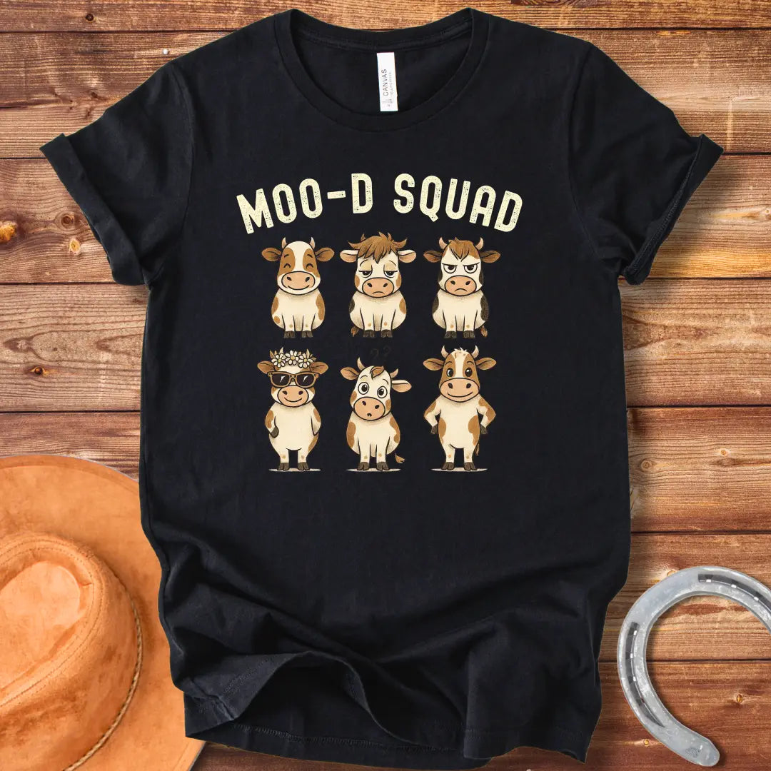 Illustration of six cartoon cows, each representing a different mood, with the words 'Mood Squad' above them.