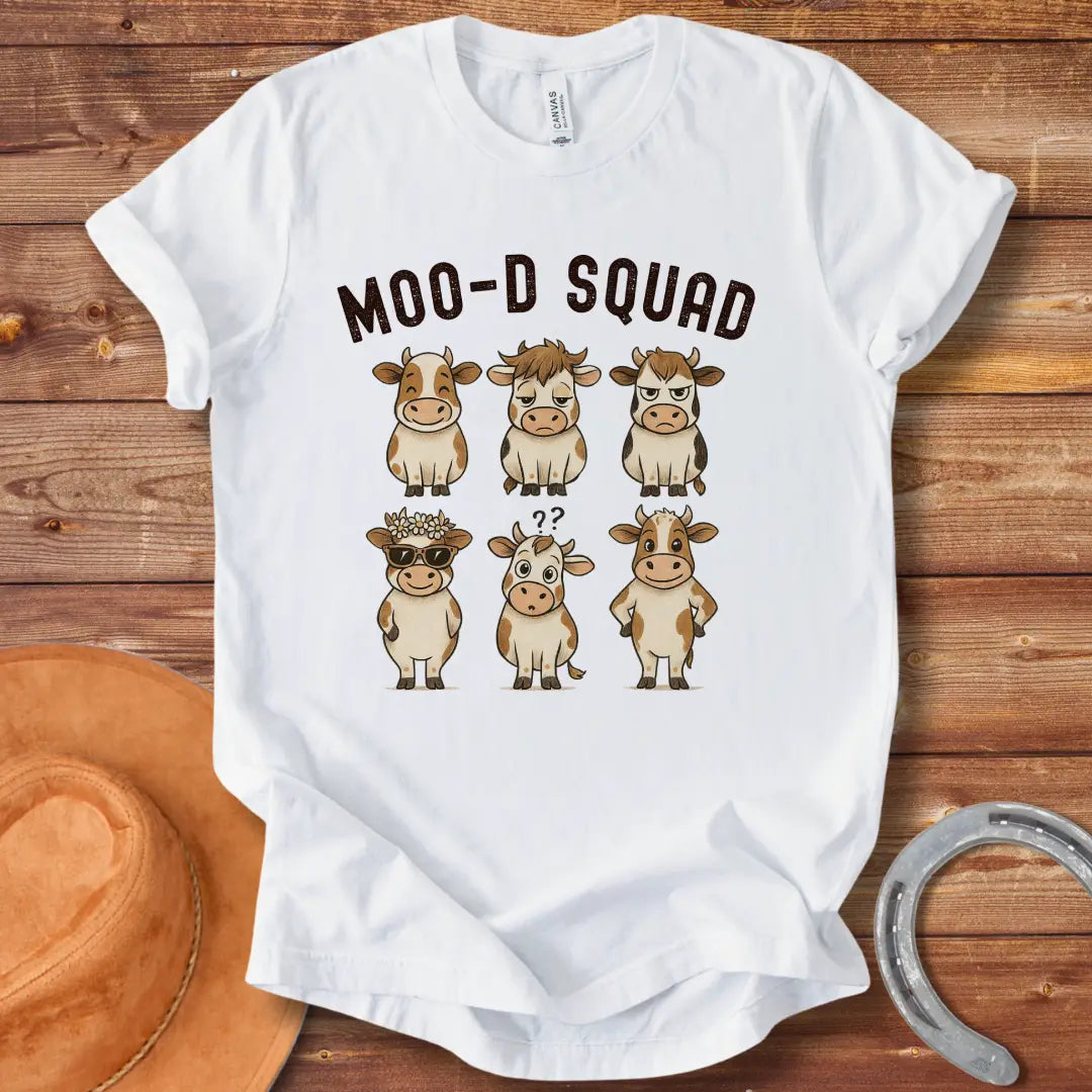 Illustration of six cartoon cows, each representing a different mood, with the words 'Mood Squad' above them.