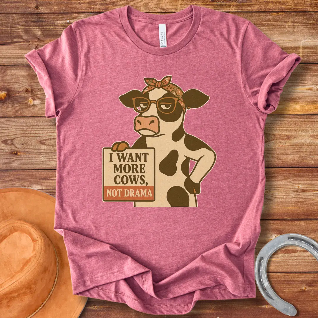 Illustration of a cool cow wearing glasses and a bandana, holding a sign that says 'I Want More Cows, Not Drama'.