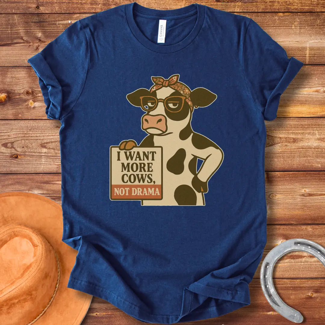 Illustration of a cool cow wearing glasses and a bandana, holding a sign that says 'I Want More Cows, Not Drama'.