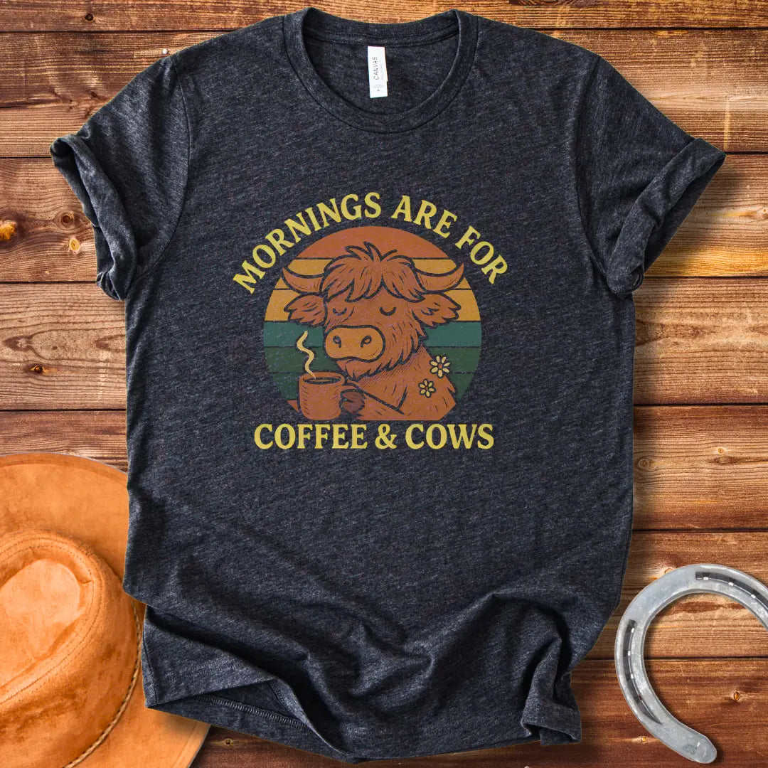 Illustration of a cow sipping coffee, with the words 'Mornings are for Coffee & Cows' in a retro design.