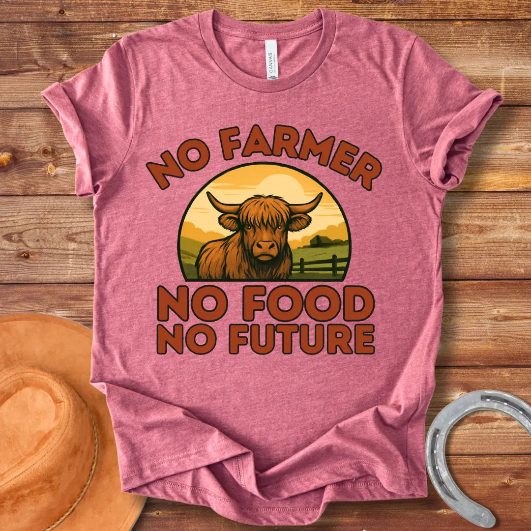 No Farmer, No Food, No Future t-shirt featuring a cow in a farm landscape with the slogan.