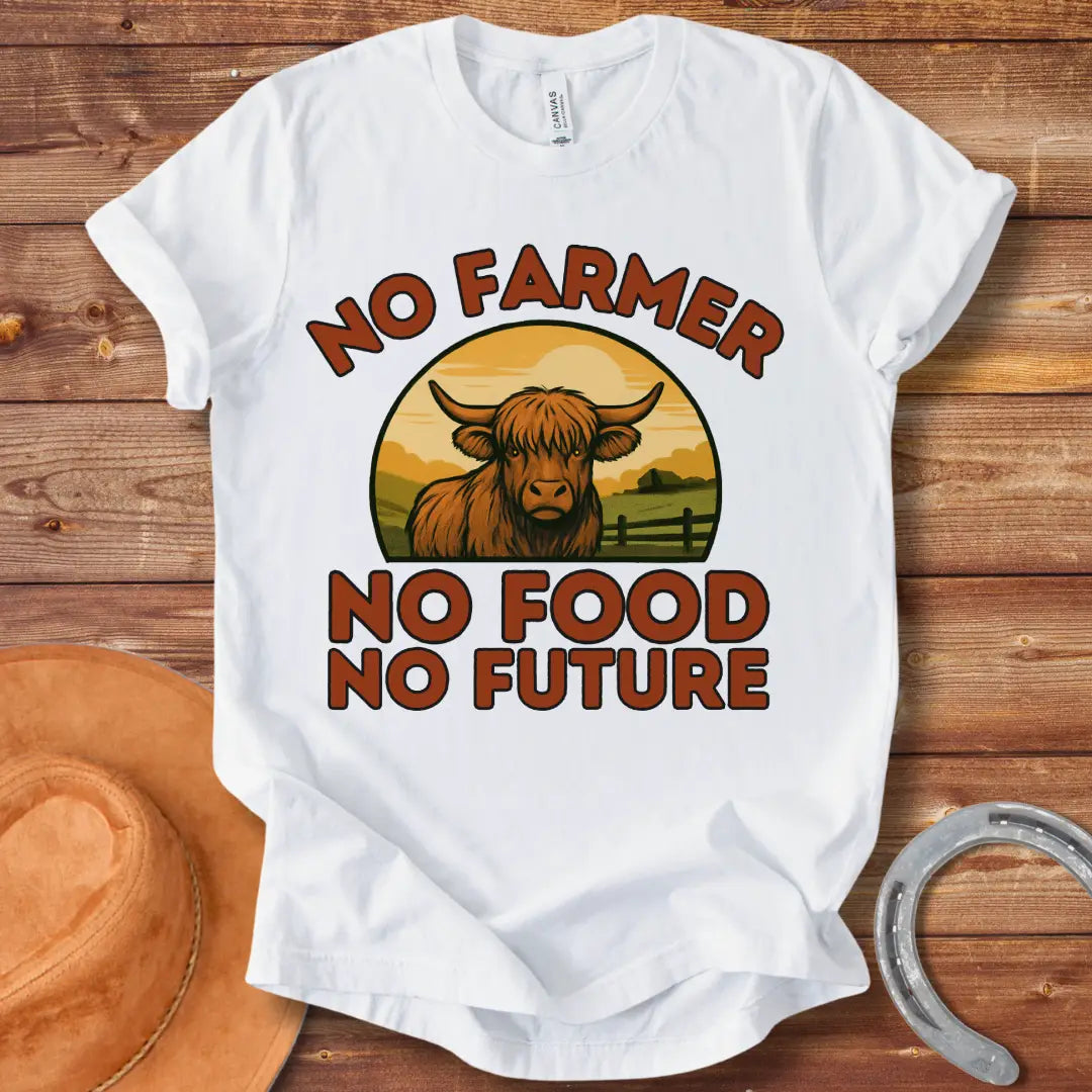 No Farmer, No Food, No Future t-shirt featuring a cow in a farm landscape with the slogan.