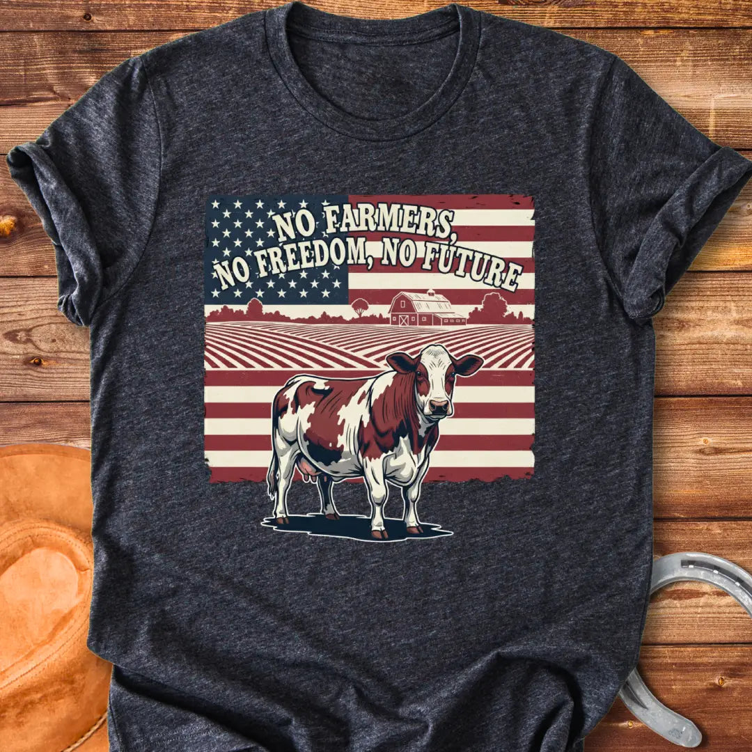 Patriotic t-shirt design featuring a cow, American flag, and the words 'No Farmers, No Future.'