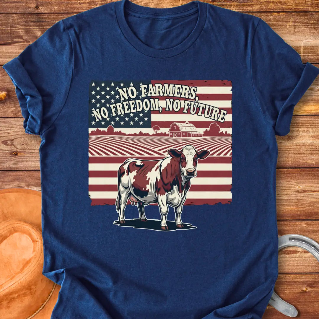 Patriotic t-shirt design featuring a cow, American flag, and the words 'No Farmers, No Future.'