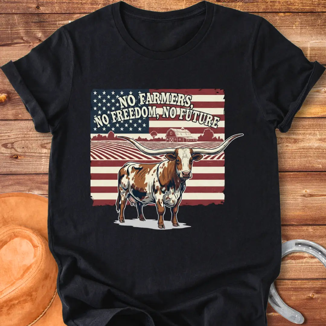 Longhorn cow with American flag and text: No Farmers, No Freedom, No Future