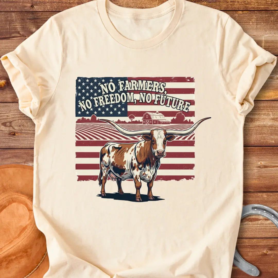 Longhorn cow with American flag and text: No Farmers, No Freedom, No Future