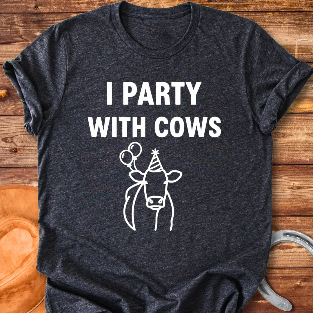 Party With Cows T-Shirt - Design features a cow wearing a party hat and holding balloons.