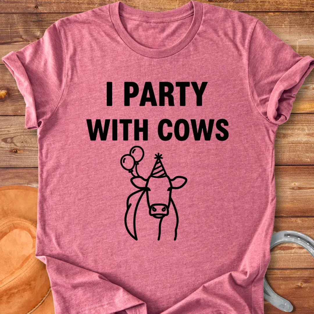 Party With Cows T-Shirt - Design features a cow wearing a party hat and holding balloons.
