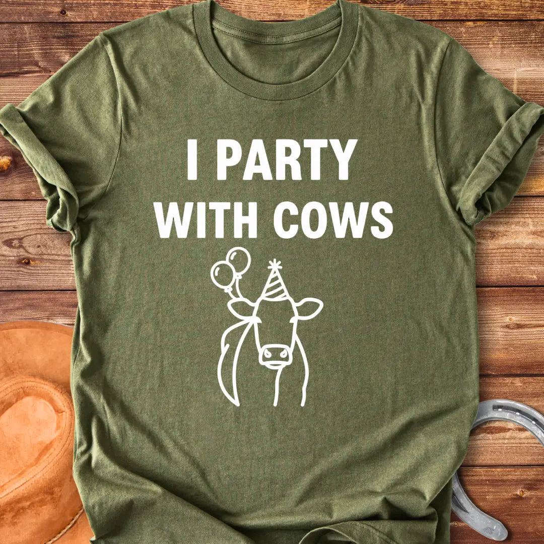Party With Cows T-Shirt - Design features a cow wearing a party hat and holding balloons.