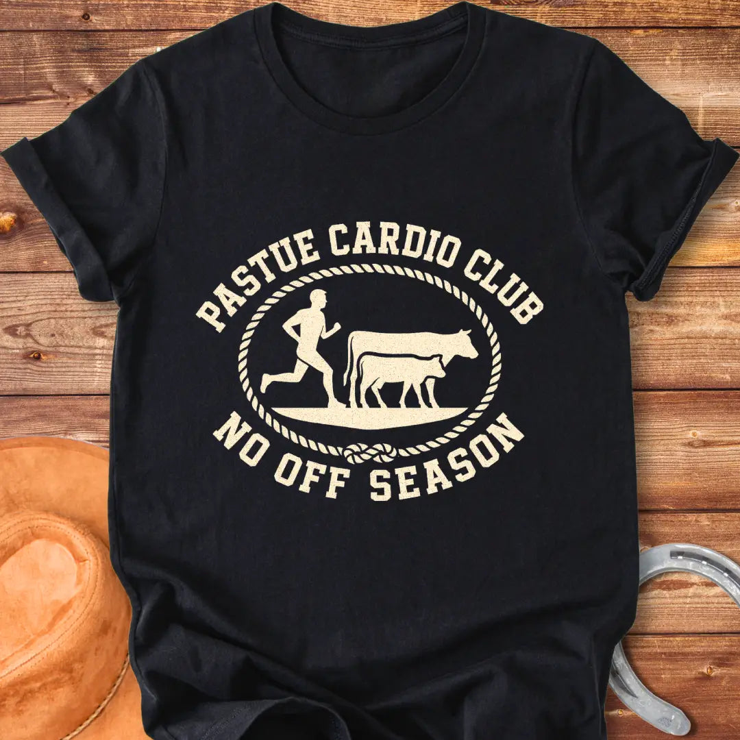 Pasture Cardio Club T-Shirt design with a runner and a cow family.