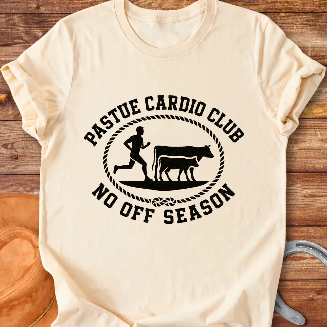 Pasture Cardio Club T-Shirt design with a runner and a cow family.