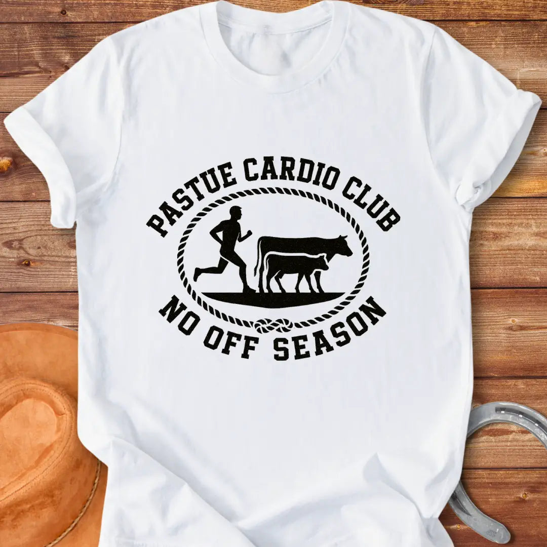 Pasture Cardio Club T-Shirt design with a runner and a cow family.