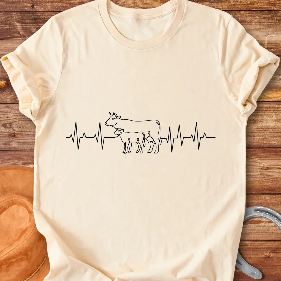 Pasture Heartbeat T-Shirt design featuring a cow and calf within a heartbeat graphic.