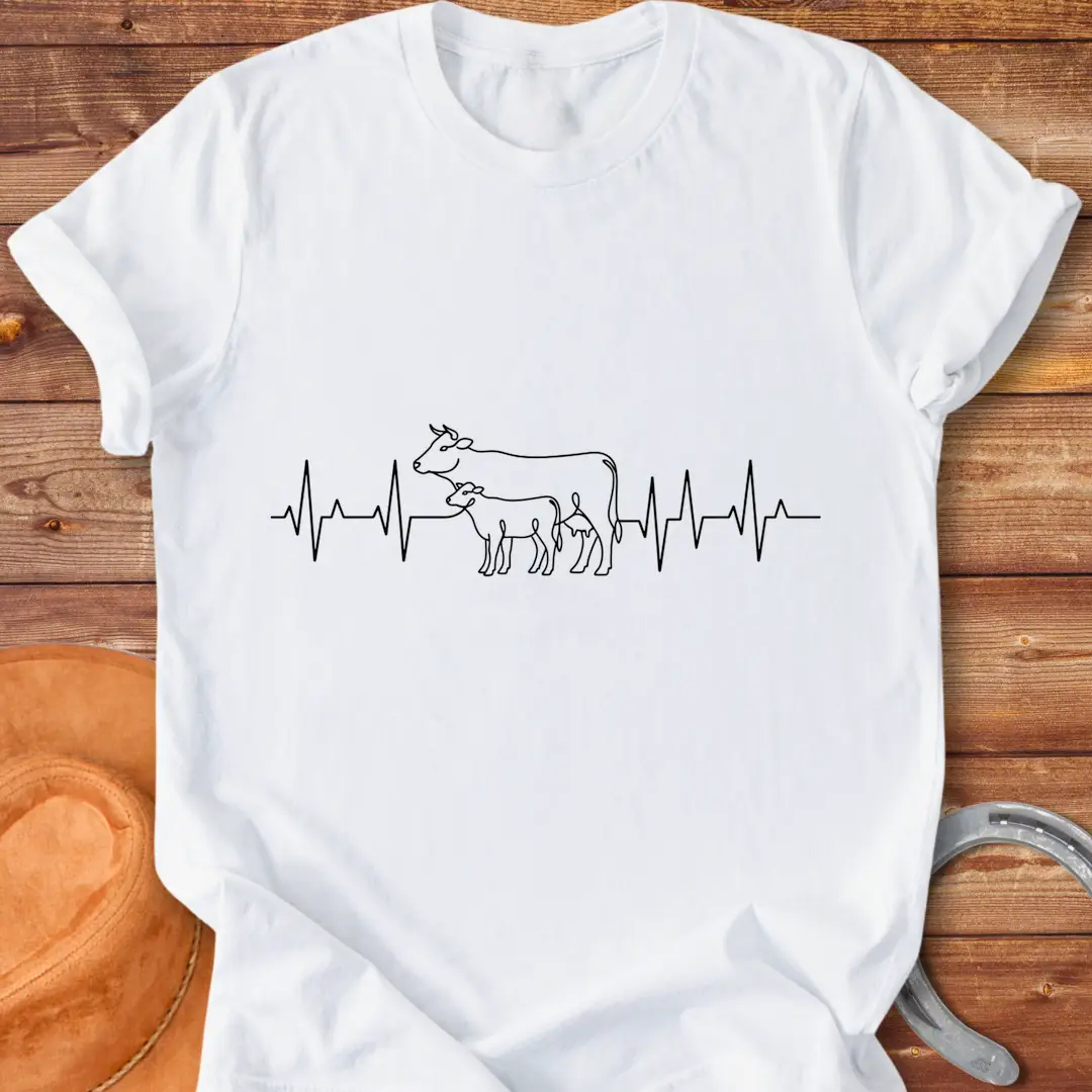 Pasture Heartbeat T-Shirt design featuring a cow and calf within a heartbeat graphic.