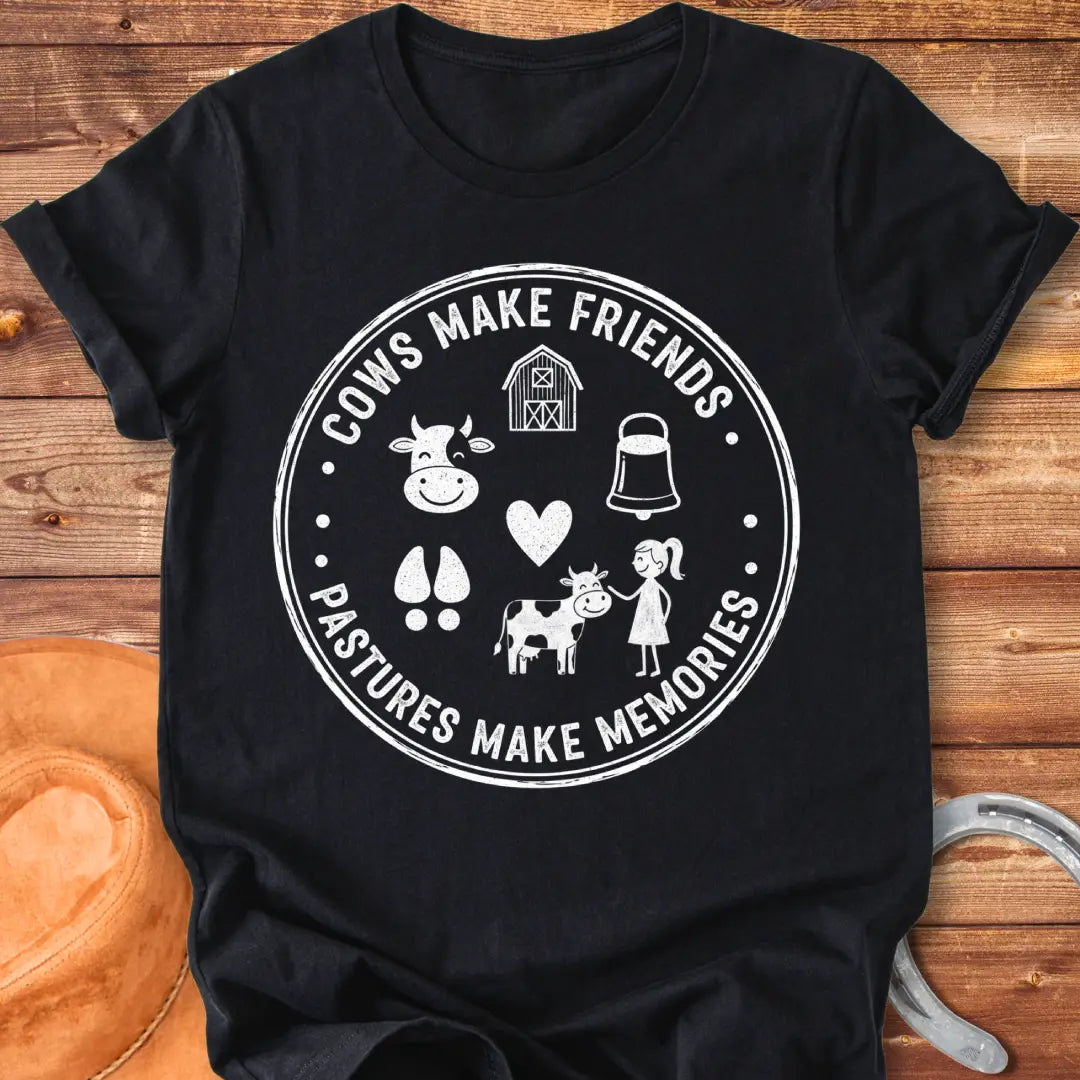 Pasture Pals Memory Badge T-Shirt design featuring a cow silhouette, barn, bell, cow footprints and a cow surrounded by a girl.