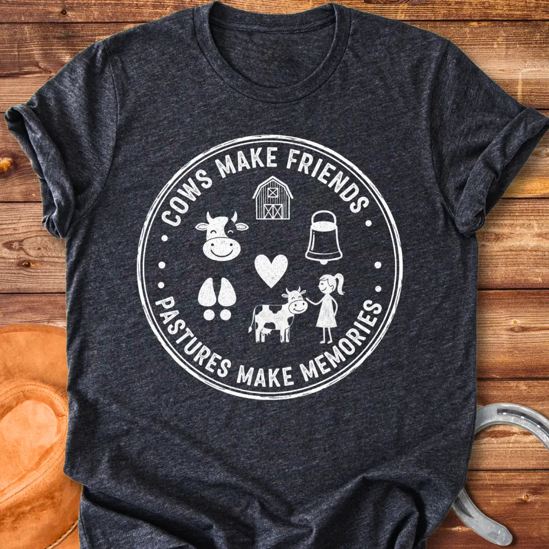 Pasture Pals Memory Badge T-Shirt design featuring a cow silhouette, barn, bell, cow footprints and a cow surrounded by a girl.