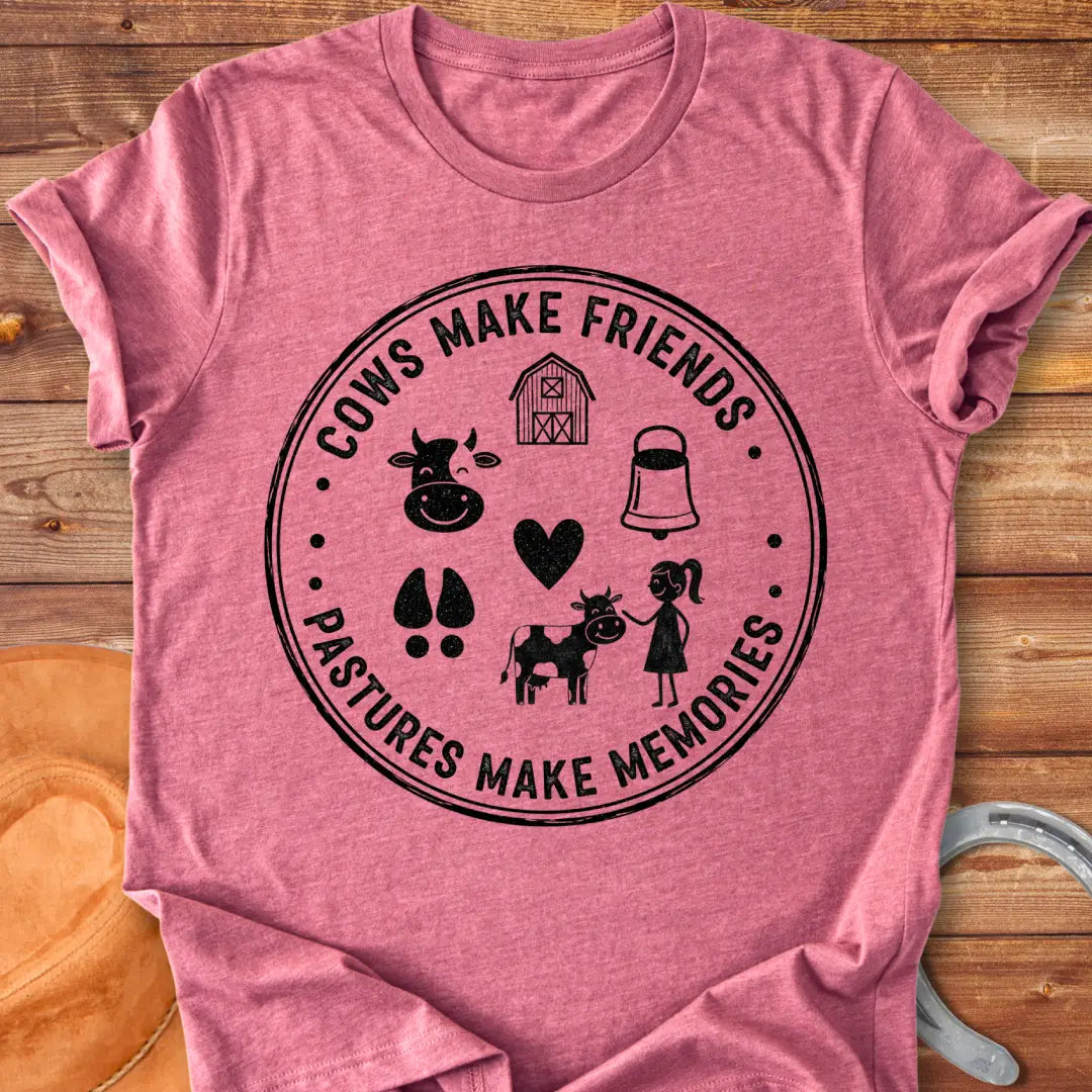Pasture Pals Memory Badge T-Shirt design featuring a cow silhouette, barn, bell, cow footprints and a cow surrounded by a girl.