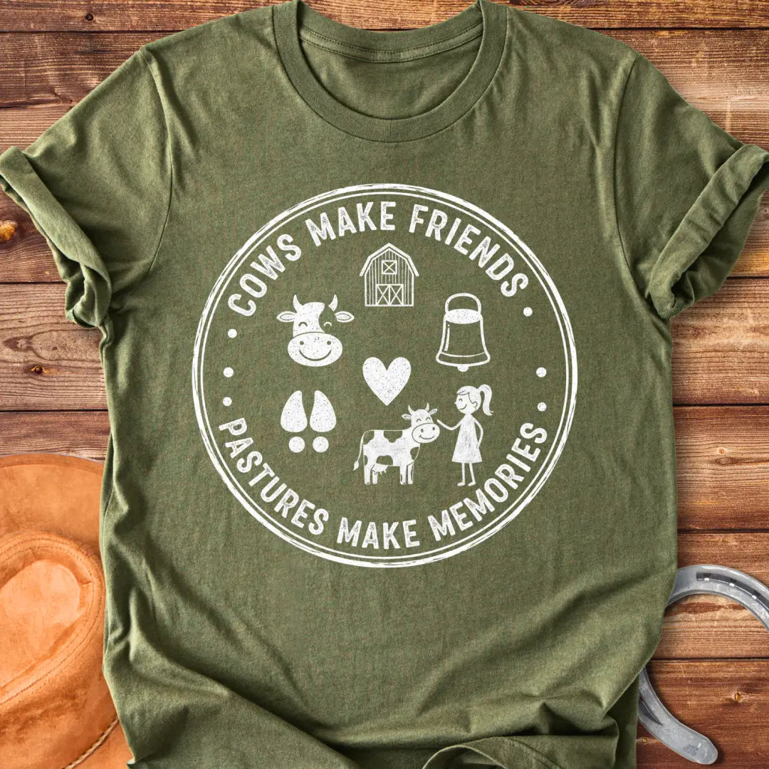 Pasture Pals Memory Badge T-Shirt design featuring a cow silhouette, barn, bell, cow footprints and a cow surrounded by a girl.