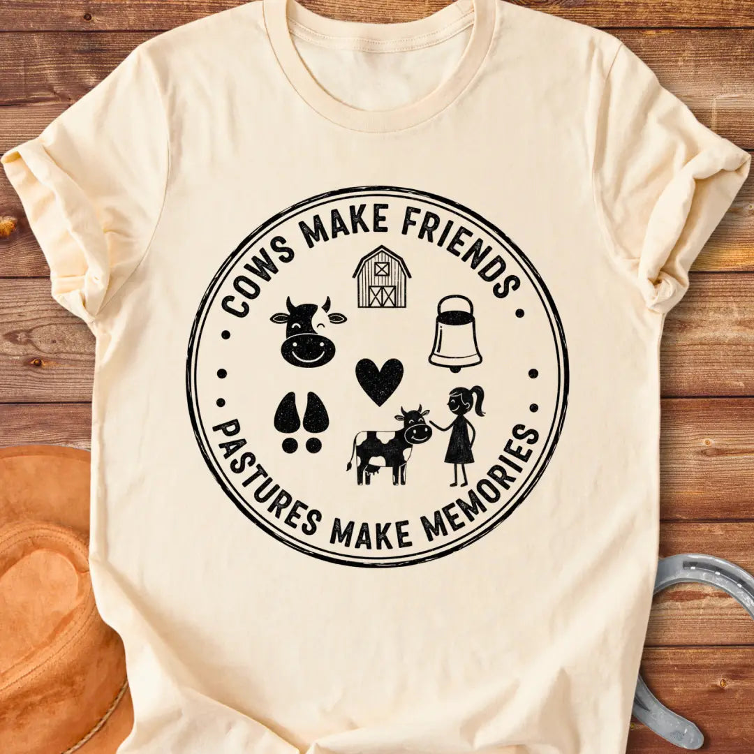 Pasture Pals Memory Badge T-Shirt design featuring a cow silhouette, barn, bell, cow footprints and a cow surrounded by a girl.