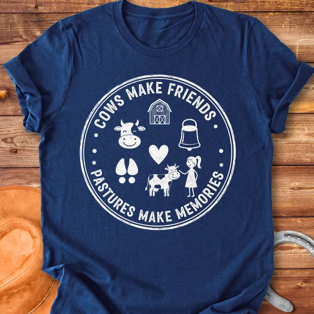 Pasture Pals Memory Badge T-Shirt design featuring a cow silhouette, barn, bell, cow footprints and a cow surrounded by a girl.