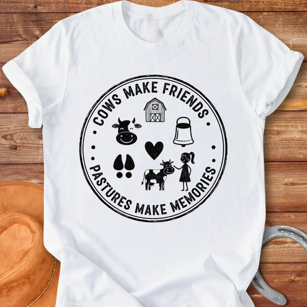 Pasture Pals Memory Badge T-Shirt design featuring a cow silhouette, barn, bell, cow footprints and a cow surrounded by a girl.