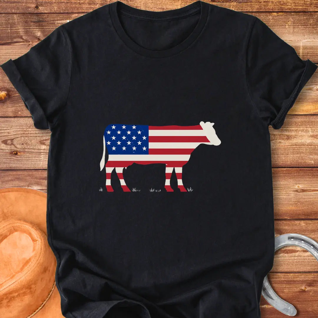 Black cow silhouette with the American flag design, perfect for cow lovers and patriots.
