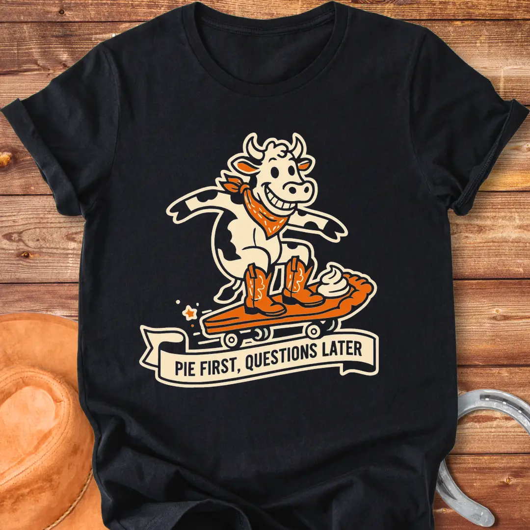 T-shirt design featuring a cow riding a pie skateboard with the words 'Pie First, Questions Later'.