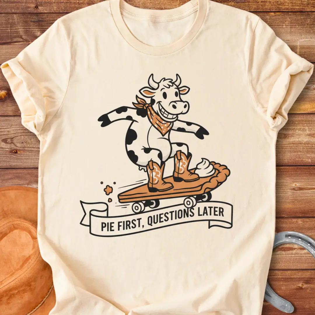 T-shirt design featuring a cow riding a pie skateboard with the words 'Pie First, Questions Later'.