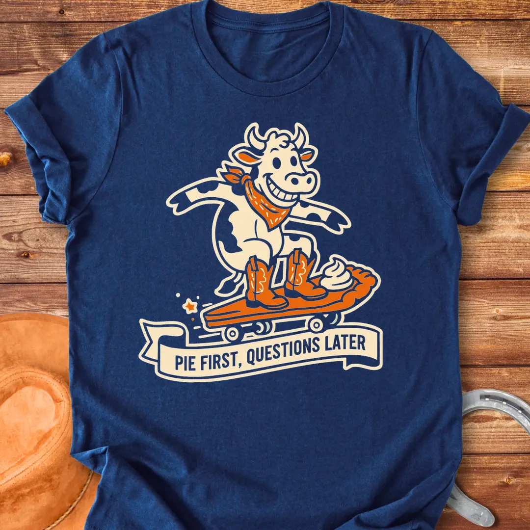 T-shirt design featuring a cow riding a pie skateboard with the words 'Pie First, Questions Later'.