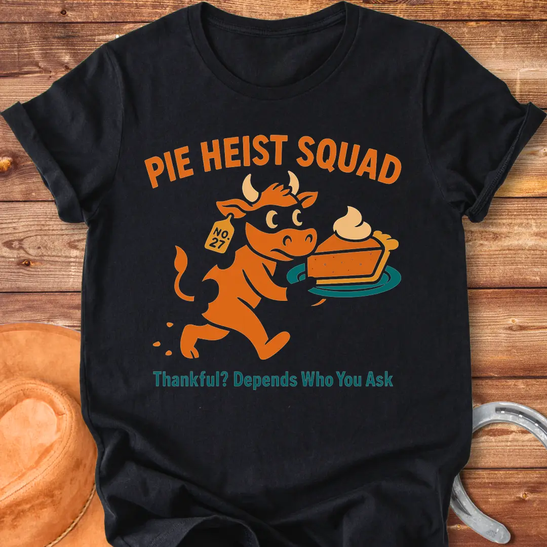 Illustration of a cow wearing a mask running with a stolen pie on a plate, the words Pie Heist Squad above it.