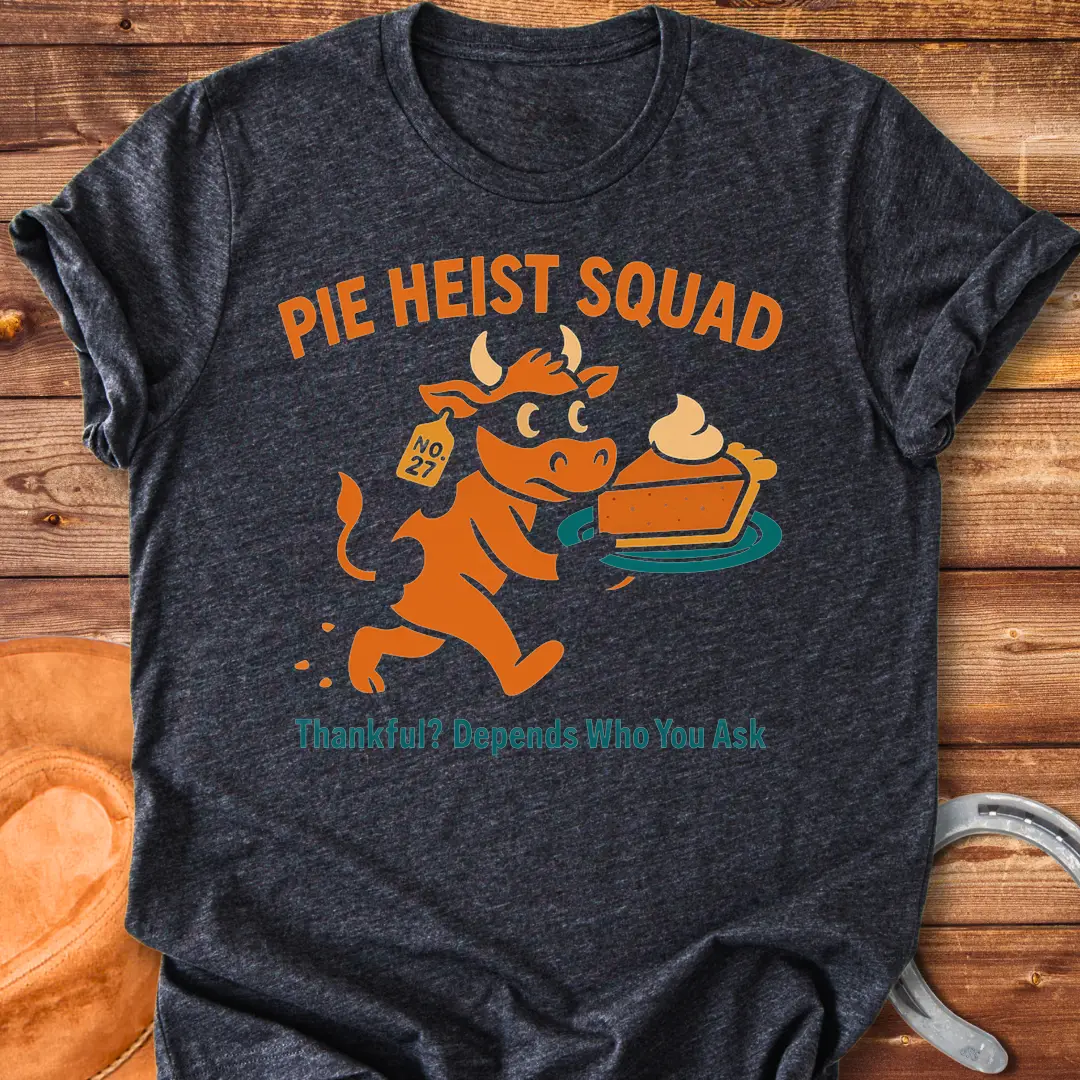 Illustration of a cow wearing a mask running with a stolen pie on a plate, the words Pie Heist Squad above it.