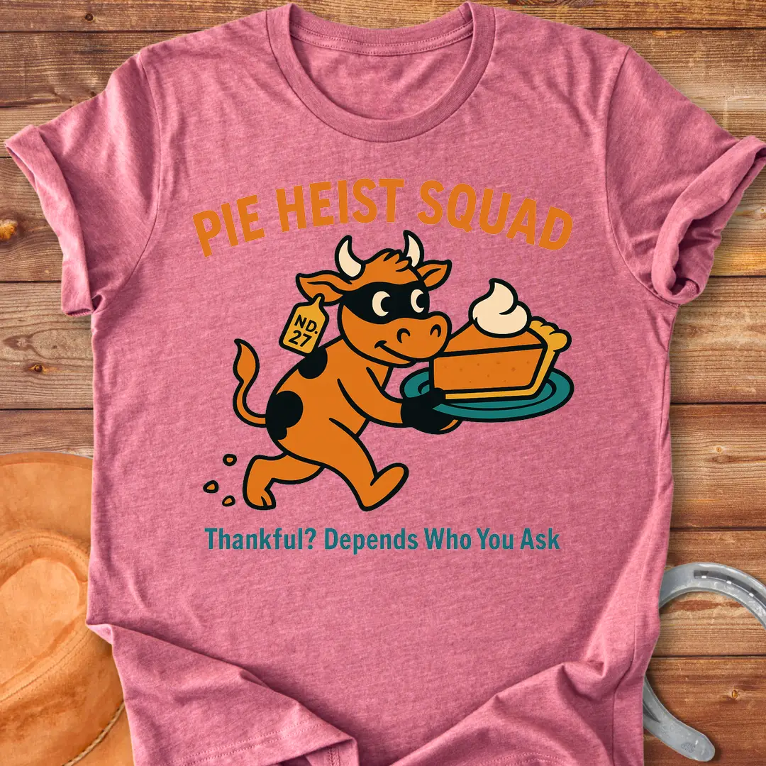 Illustration of a cow wearing a mask running with a stolen pie on a plate, the words Pie Heist Squad above it.