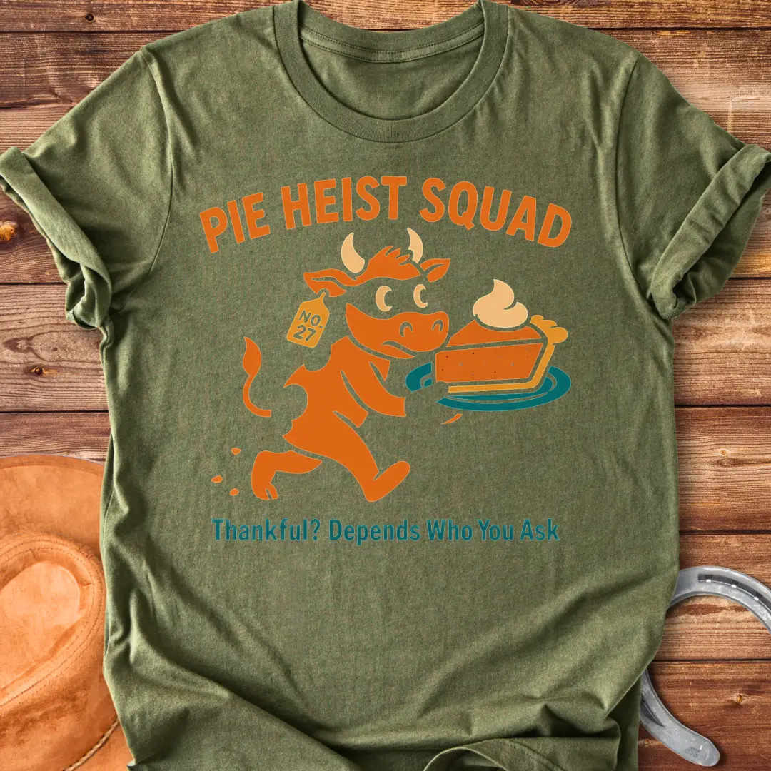 Illustration of a cow wearing a mask running with a stolen pie on a plate, the words Pie Heist Squad above it.